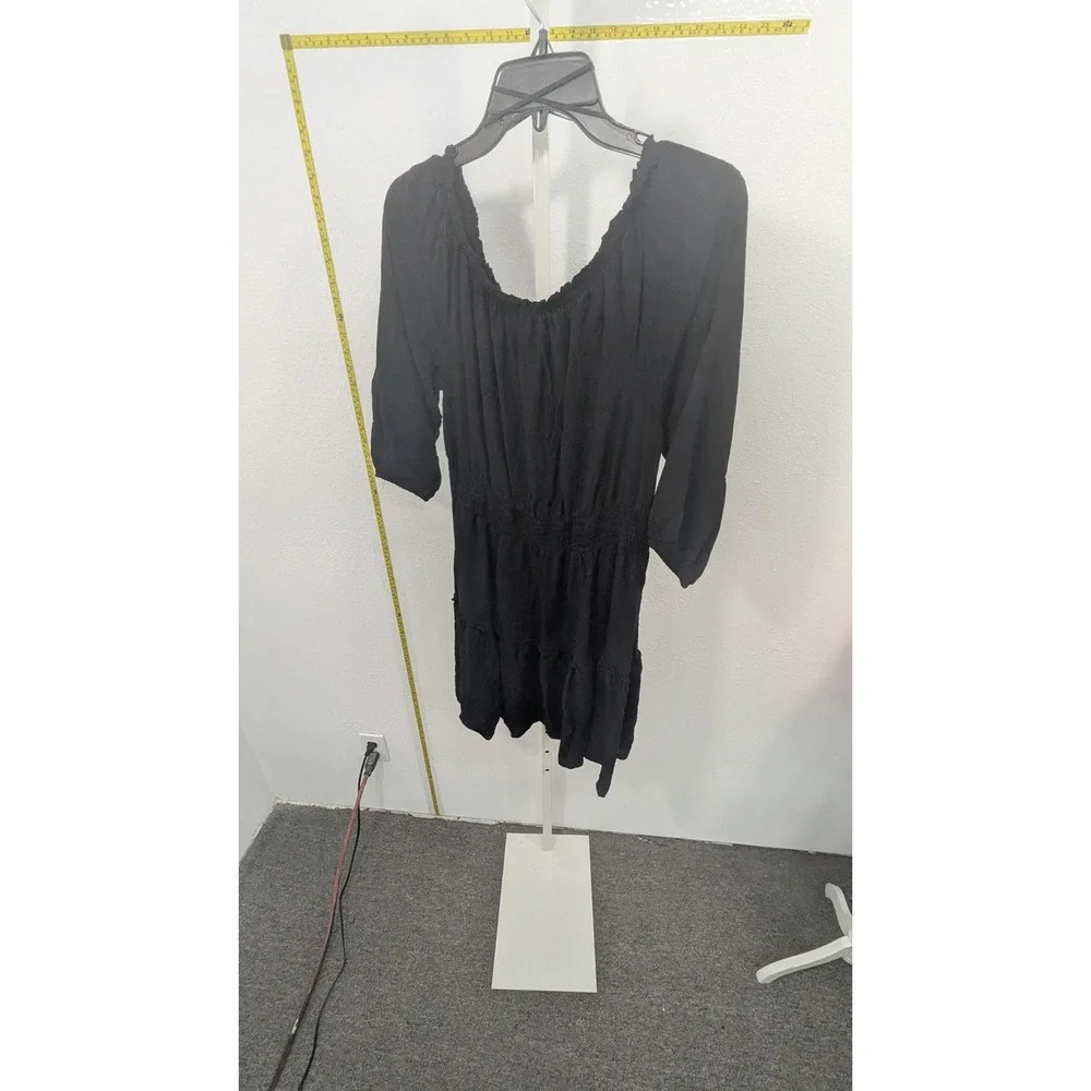 NY Collection Black Smocked Waist Peasant Dress Petite Large‎ PL Tiered Ruffle
